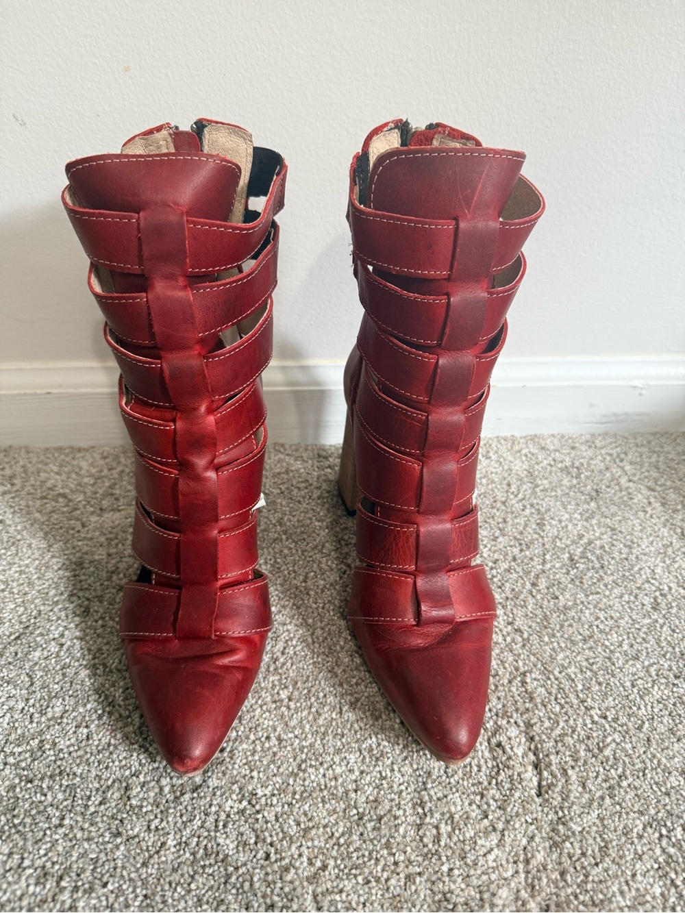 Freebird by Steven Red Strappy Pointed-Toe Heeled Boots